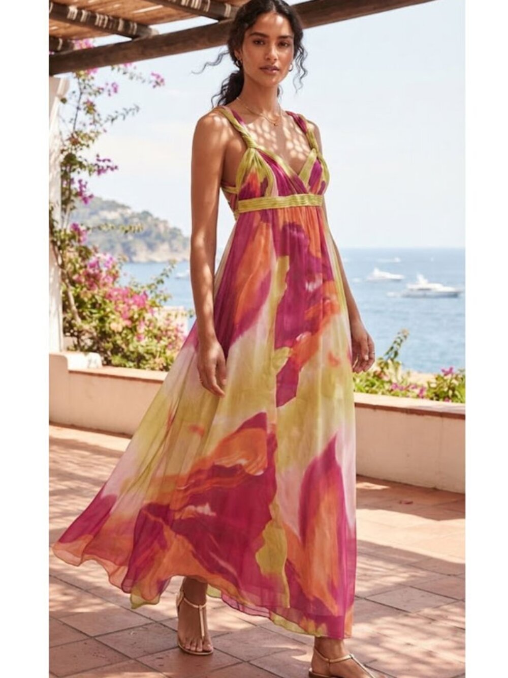 BCBGMAXAZRIA 100% Silk Watercolor Print Empire Waist Maxi Dress